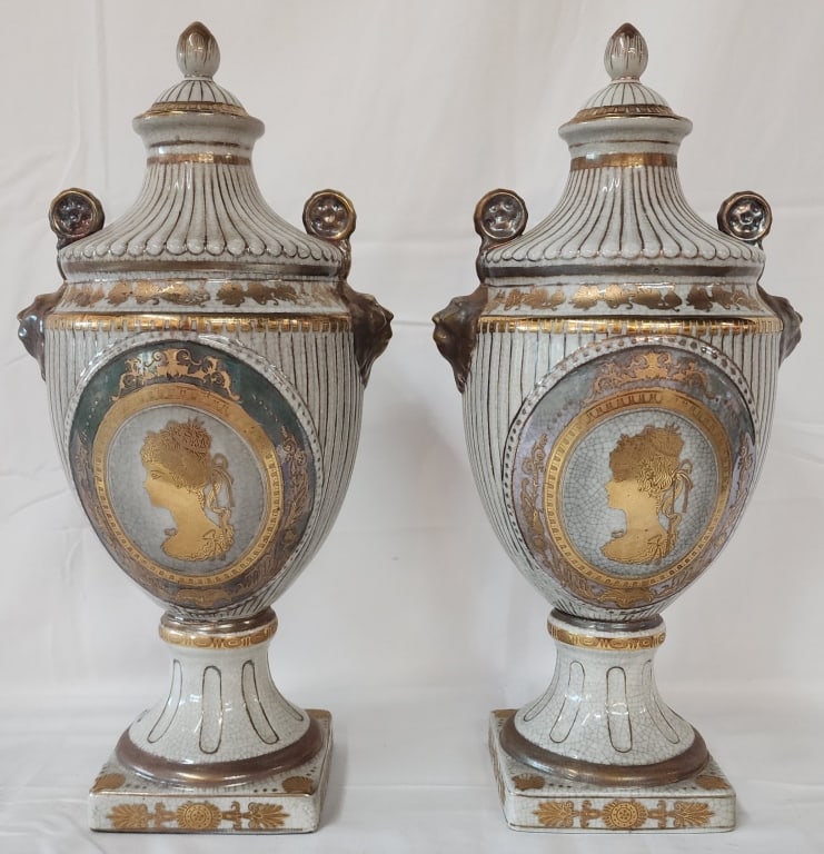 Pair Of Asian Porcelain Lidded Vases: Pair of beautiful Asian porcelain vases with lids. Some paint wear. Approximately 15"h. Photos are considered part of the condition and description. R