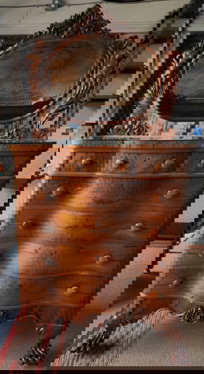 Burled Mahogany Chest w/Figural Accented Mirror (1 of 10)