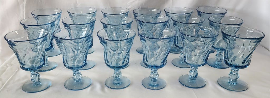 Collection of (18) Light Blue Jamestown Goblets: Collection of (18) light blue Jamestown goblets. Approx. 6" height. Photos are considered part of the description and condition. 109
