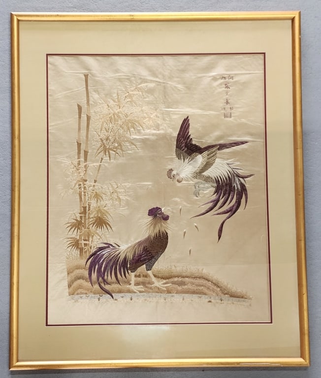 Vintage Silk Embroidery of Fighting Onagadori: Vintage cream silk embroidery of fighting Onagadori chickens. Signed. Approx. 43" height & 33" width. Photos are considered part of the description and condition.