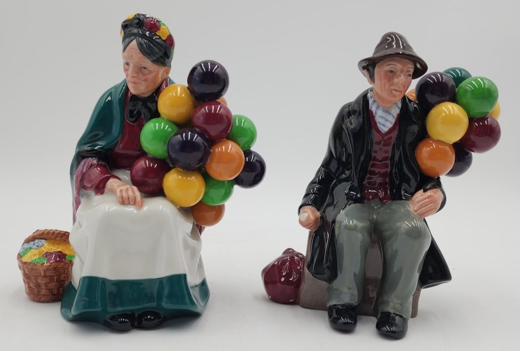 Pr. Vintage Royal Doulton Porcelain Figures: Vintage Royal Doulton "The Old Balloon Seller" #HN1315 & "The Balloon Man" #HN1954. Approximately 7" high. Photos are considered part of the condition and description. Y