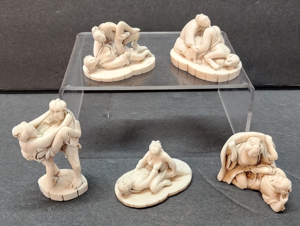 Collection of 5 Asian Netsuke Figures: Collection of 5 vintage Asian erotic netsuke figures. Made of resin. Small chip on one. Approximately 1.5-3" high. Photos are considered part of the condition and description. Y