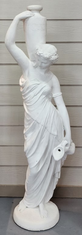 Large Concrete Rebecca Statue: 54' precast concrete Rebecca statue. Jug at side plumbed for fountain. Approximately 200 pounds. Photos are considered part of the condition and description. R