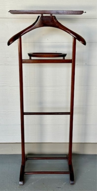 Italian Made Mahogany Butler Suit Valet: Italian made mahogany butler suit valet. Marked L.P.Q.R. Approximately 42.5"h x 14"w x 13"d. Photos are considered part of the condition and description. 114-32