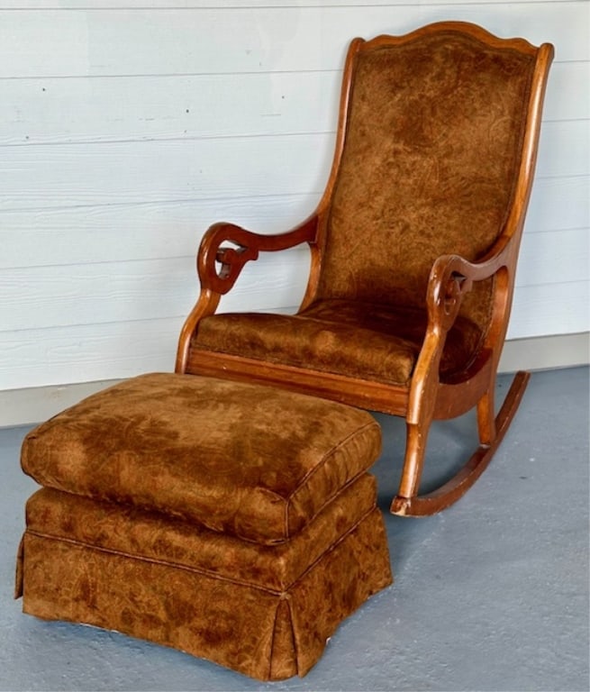Vintage Upholstered Rocking Chair & Ottoman: Vintage upholstered rocking chair and ottoman. Wood has natural wear and scuffs. Approximately 39"h. Photos are considered part of the condition and description. R