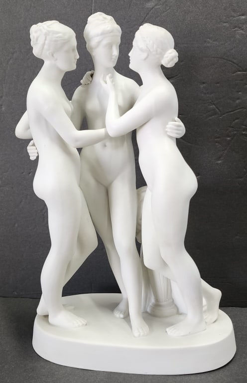 Vintage "Three Graces" Parian Figural Sculpture: Vintage "Three Graces" Parian figural nude sculpture. Makers mark on bottom. Approximately 12"h. Photos are considered part of the condition and description. 118-2a