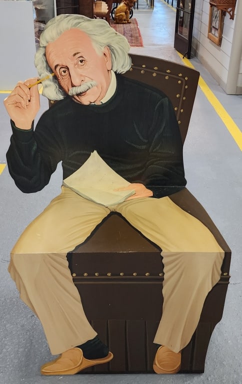 Hand Painted Wooden Albert Einstein Chair: Hand painted wooden Albert Einstein chair. Depicting a pensive Einstein. Approximately 4'h x 2'4"w x 1'7"d. Photos are considered part of the condition and description. R