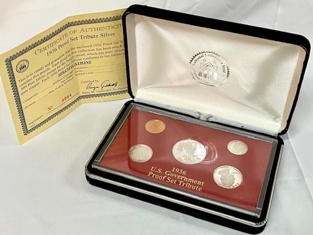 1936 US Government Proof Set Tribute: 1936 US Government proof set tribute. Contains five proofs. Each proof in this collection has been struck in 999 Pure Silver, except for the Penny proof, which has been struck in pure copper. Includes