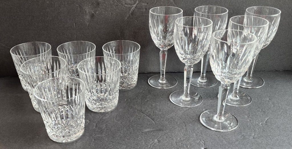 Collection of Waterford Crystal Kildare Barware: Collection of Waterford crystal Kildare barware. Includes 6 wine glasses, 6.5"h, & 6 whiskey glasses, 3.5"h. Photos are considered part of the condition and description. 117B