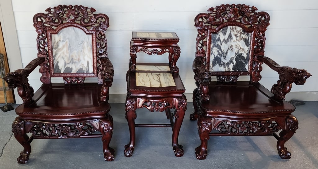 Vintage Asian Carved Rosewood Arm Chairs & Table (1 of 12)