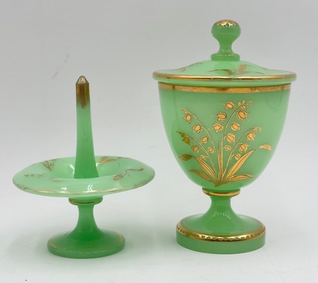 Green Opaline Glass Ring Holder & Matching Dresser Jar (1 of 10)