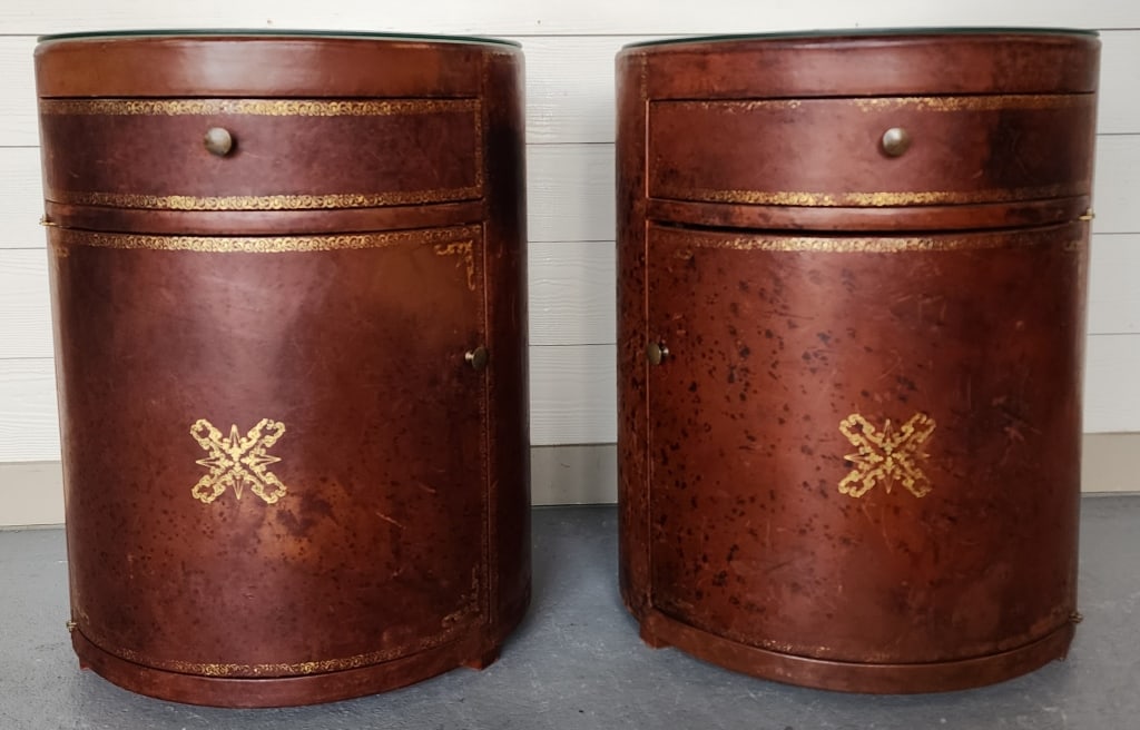 Pr. Round Tooled Leather Wrapped Side Tables (1 of 8)