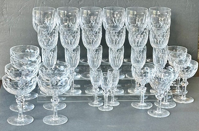 Assorted Waterford Crystal Curraghmore Collection: Assorted Waterford Crystal Curraghmore collection. 33 total pieces. Includes (6) 7.5" wine glasses, (6) 7" wine glasses, (6) 6.5" wine glasses, (3) cordials, (6) 5.25" sherbet glasses, & (6) 5.5" sher