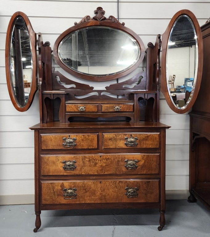 Vintage 3 Mirror Walnut Vanity Dressing Table (1 of 6)