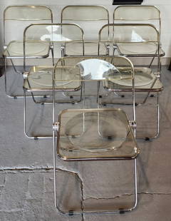 6 Italian Chrome & Acrylic Glass Plia Chairs: Set of 6 vintage Italian chrome and acrylic glass Plia folding chairs. Designed by Giancarlo Piretti 1967 for Anonima Castelli, Italy. Chairs have transparent yellow color. Approximately 29"h x 18.5"w