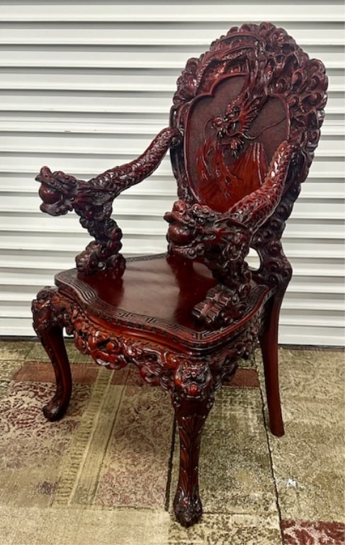 Mahogany Carved Chinese Dragon Throne Chair (1 of 10)