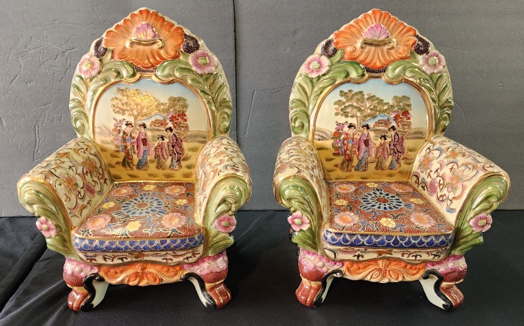 Pair of Vintage Ceramic Throne Chairs: Pair of vintage ceramic throne chairs, Made in China. Hand painted. Approximately 15.5"h x 13"w x 8"d. Photos are considered part of the condition and description. R