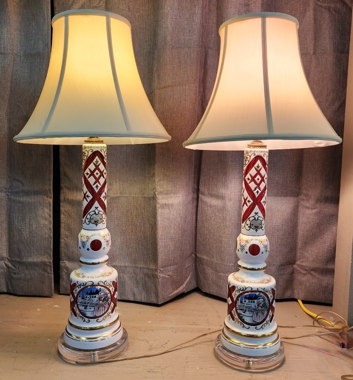 Pr. Bohemian Cranberry & Milk Glass Table Lamps (1 of 8)