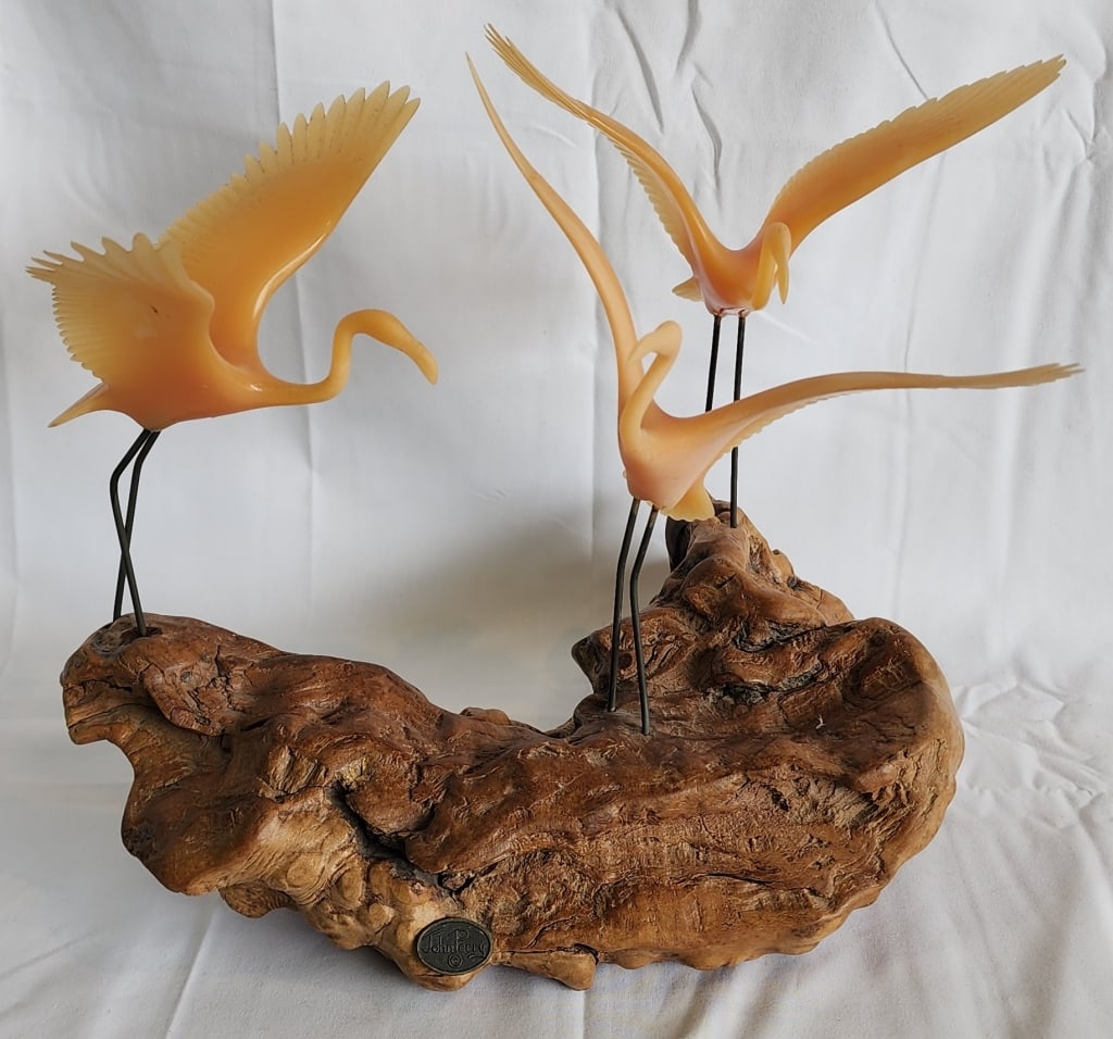 John Perry Flamingo Sculpture On Burlwood Base (1 of 8)