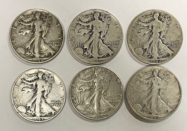 6 Silver Walking Liberty Half Dollars (1 of 7)
