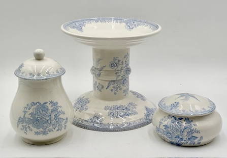 3pc Collection Burleigh Pheasant Earthenware: 3pc collection Burleigh Asiatic pheasant hand crafted earthenware. Iconic tissue transfer printing technique. Includes 7.25" cake stand, 6.5" covered container, and 3" covered dish. Photos are