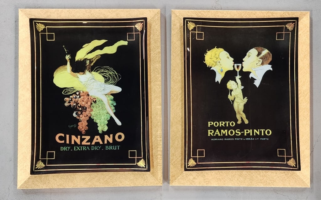 Pair of Empire Wine Advertising Wall Plaques: Pair of Empire Art Products wine advertising wall plaques. Made of glass. Includes Cinzano & Porto Ramos-Pinto. Approximately 19"x 15". Photos are considered part of the condition and description. Y