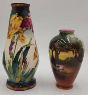Pr. Beautiful Hand Painted Ceramic Vases: Pair of beautiful hand painted ceramic vases. Set includes Royal Bonn floral vase, 9"h, and Royal Bayreuth Bavaria farm animal scene, 6"h. Photos are considered part of the condition and