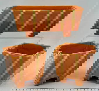 Hull Pottery Continental Persimmon Collection: 3pc retro Hull Pottery Continental persimmon pattern collection. Includes rectangle planter, approximately 3.75"h x 9.5"l, and two candle holders, approximately 4"h x 4.75"w x 4.25"d. Photos are