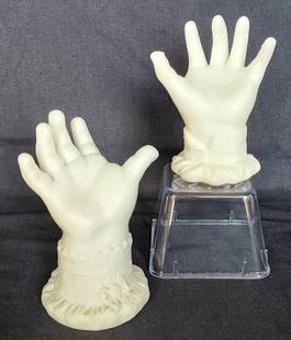 Pr. Antique Style Porcelain Hand Ring Holders: Pair of antique style porcelain hand ring holders. No chips or cracks. Approximately 4"h. Photos are considered part of the condition and description. 208