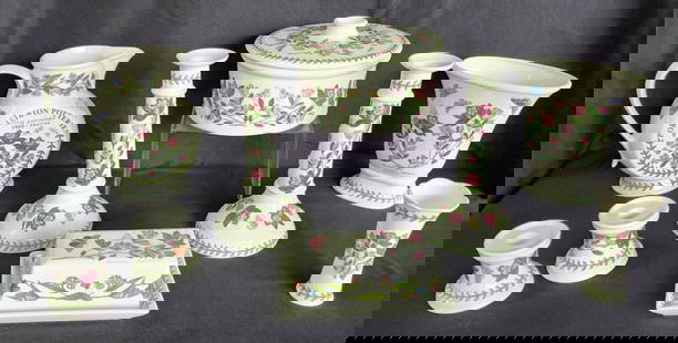 9pc Assorted Portmeirion Botanic Garden Collection: Beautiful 9pc assorted Portmeirion Botanic Garden collection. Set includes 8" pitcher, 7.25" vase, 3" small candlestick holders, 9.5" large candlestick holders, 5" bud vase, 8" covered dish, & 3"