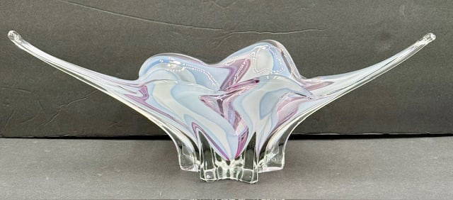 Beautiful Murano Style Art Glass Centerpiece Bowl: Beautiful Murano style hand blown art glass centerpiece bowl. Pinks & blues. Small glass imperfection on top ridge, as shown in pictures. Approximately 6.5"h x 17.5"w x 7"d. Photos are considered