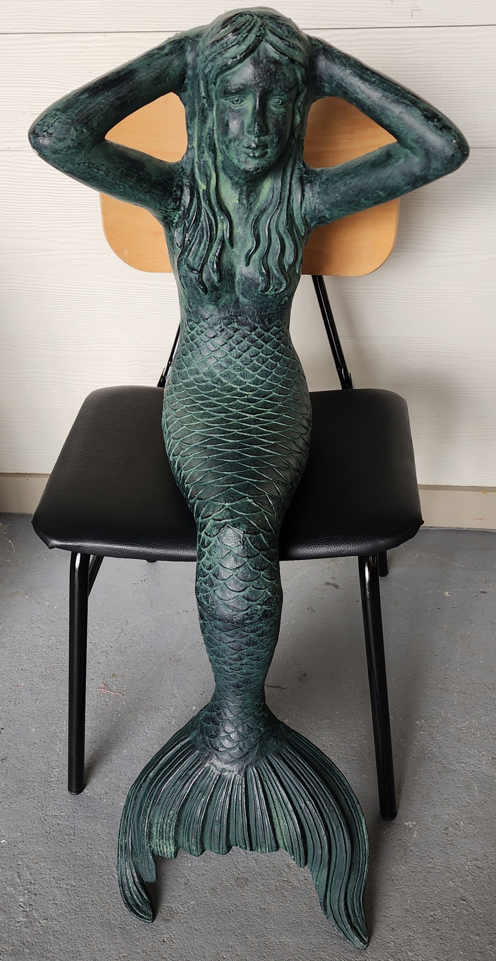 Stunning Sitting Mermaid Nautical Figure: Stunning sitting mermaid nautical figure. Aluminum with bronze patina finish. Approximately 42" long and 20"h sitting from butt to top of head. Photos are considered part of the condition and descript
