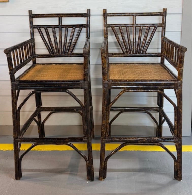 Pair of Vintage Burnt Bamboo Barstools w. Arms (1 of 11)