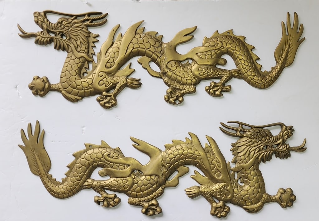 Pair of Opposing Brass Wall Dragon Plaques (1 of 4)