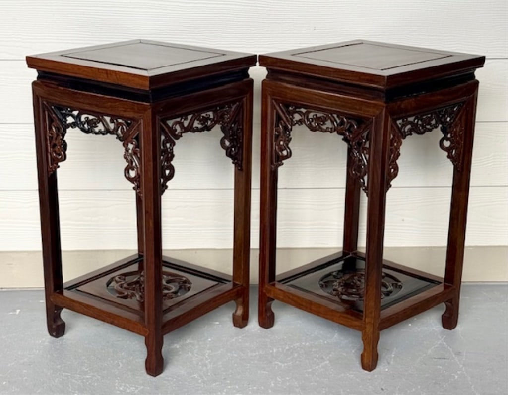 Pr. Beautiful Chinese Carved Rosewood Plant Stands (1 of 8)