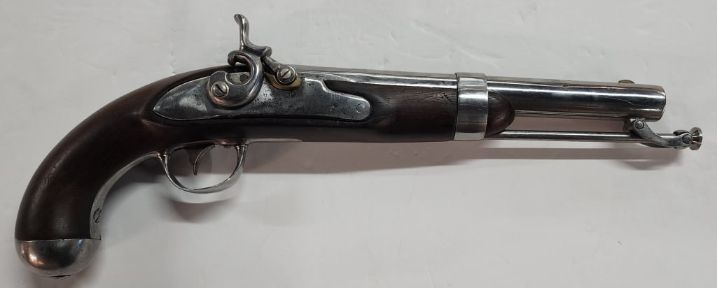 Antique U.S. Military 1837 Percussion Pistol: Antique U.S. military 1837 percussion pistol by Robert Johnson. Marked 'S' on pistol. Approximately 15"l. Photos are considered part of the condition and description. 306-12