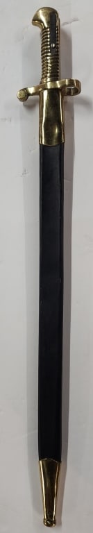 Vintage Civil War Style Rifle Sword Bayonet: Vintage Civil War style rifle sword bayonet. CSN? Brass handle and leather and brass scabbard. Marked India. Approximately 17"l. Photos are considered part of the condition and description. 306-21