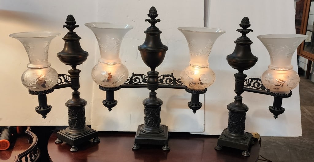 Vintage 3pc Argand Bronze? Table Lamps (1 of 10)