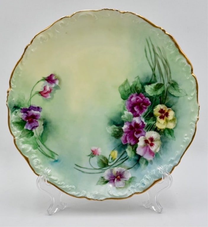 Vintage T&V Limoges France Hand Painted Plate: Vintage T&V Limoges France hand painted plate. Some wear on gold edge. Artist signed on back. Approximately 12.5". Photos are considered part of the condition and description. 208