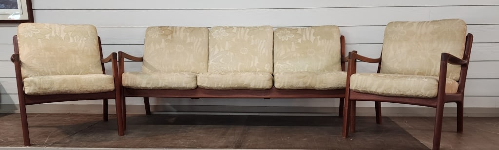 Teak Senator Sofa & Arm Chairs by Ole Wanscher: Vintage teak Senator sofa and arm chairs by Ole Wanscher for France & Sons Denmark. Original cushions. Some stains light staining present. Couch approximately 28"h x 69"w x 26"d and arm chairs approxi