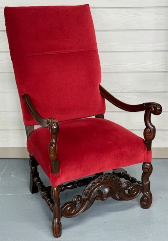 Vintage Victorian Style Carved Armchair: Vintage Victorian style carved arm chair. Carved accents and red upholstery. Upholstery appears newer with no rips or tears. In excellent condition. Approximately 47"h x 26w x 27.5"d. Photos are consi