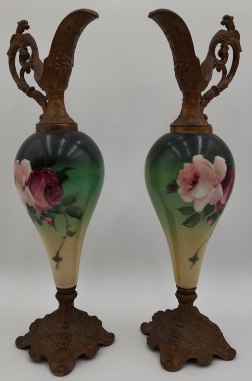 Pr. of Antique Victorian Hand Painted Ewers: Pair of antique Victorian hand painted ewers. Featuring a beautiful floral motif. Approximately 19"h. Photos are considered part of the condition and description. 606-35
