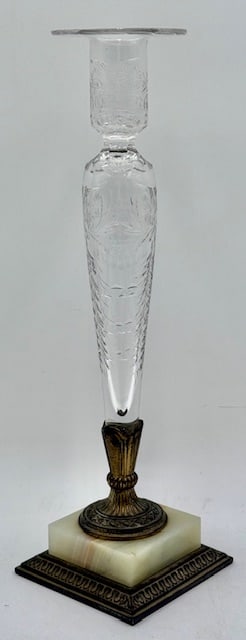 Antique Pairpoint Fine Arts Line Candlestick: Antique Pairpoint Fine Arts line large candlestick. Shape 1600 curt in Chelsea pattern. Gold washed metal and onyx base, small chip present. Underside marked C6180, Pairpoint Corporation. Approximatel