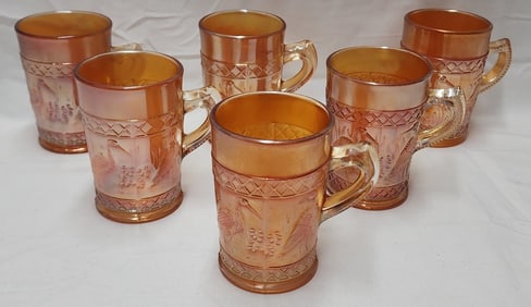 6 Dugan Marigold Stork and Rushes Carnival Glass Mugs