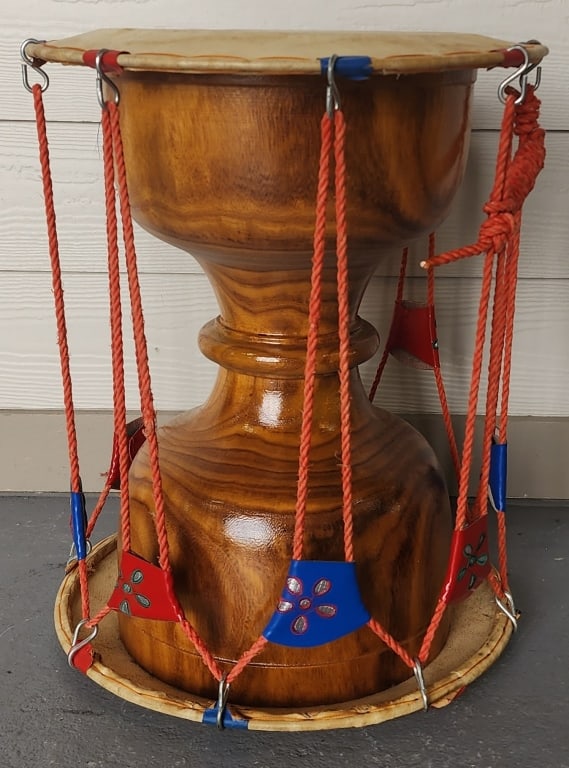 Vintage Korean Janggu Hourglass Drum: Vintage Korean Janggu hourglass drum. Rawhide top and bottom. Includes carrying case. Approximately 20"h x 16"d. Photos are considered part of the condition and description. 304-9