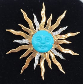 Unique 18k Diamond & Turquoise Sun Brooch - 19.5g TW