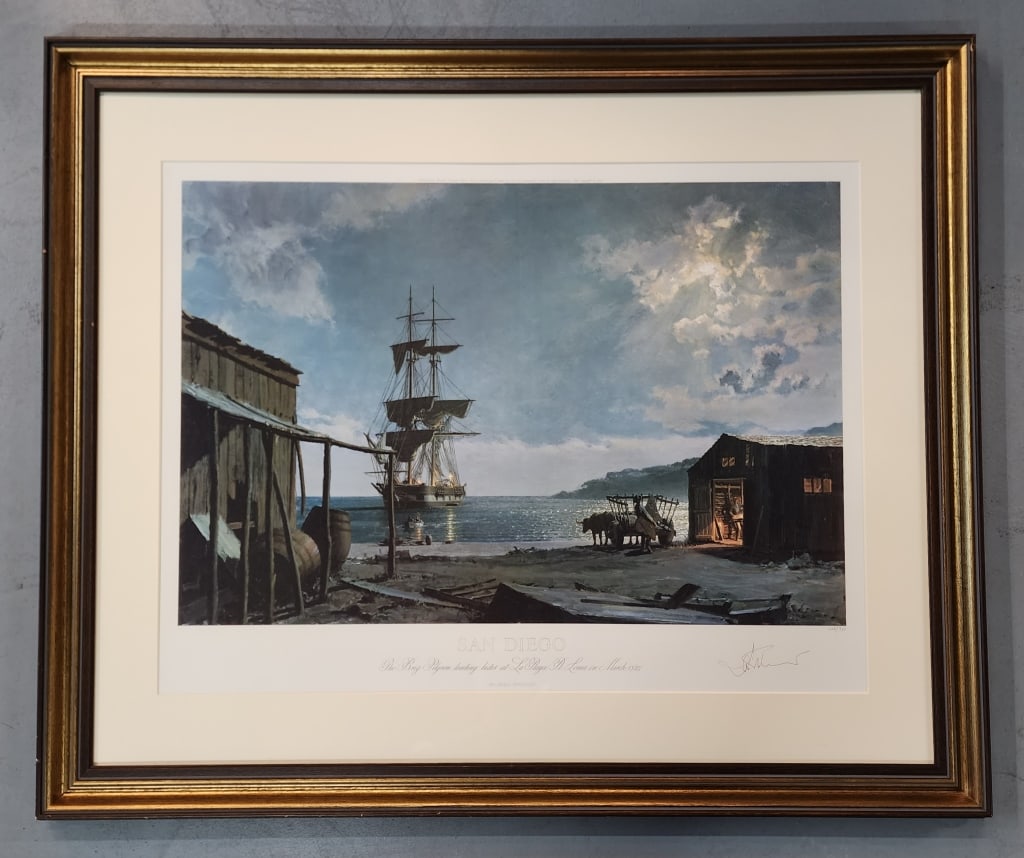 Vintage John Stobart 'San Diego' Framed Print: Vintage John Stobart 'San Diego' framed print. Matted, signed and numbered. #148/750. Approximately 29.5"h x 35.5"w. Photos are considered part of the condition and description. 114-2C