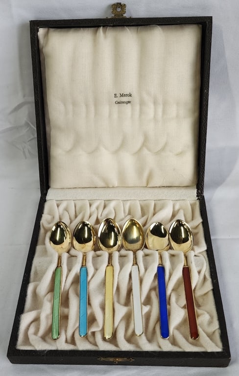 6 Sterling Gold Wash & Enamel Demitasse Spoons: 6 Sterling .925 gold wash demitasse spoons with multi colored enameled handles. Includes presentation box. Spoons approximately 4"l. 2.01oz TW. Photos are considered part of the condition and descript