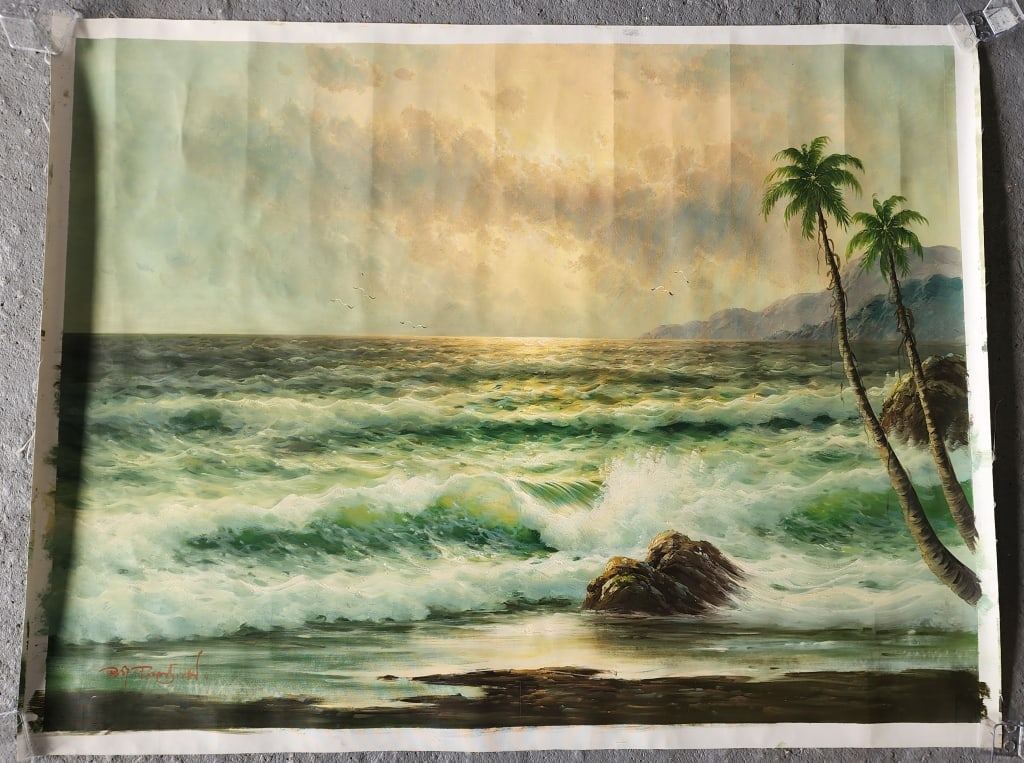 Signed Ray Johnson Seascape Oil on Canvas: Signed Ray Johnson oil on canvas. Beautiful seascape. No frame. Approximately 39"h x 50"w. Photos are considered part of the condition and description. 325