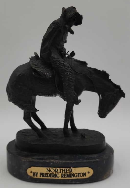 Frederic Remington "The Mother" Cast Bronze: Frederic Remington "The Mother" cast bronze sculpture. On marble base. Approximately 9"h. Photos are considered part of the condition and description. 114-21